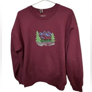 Vintage Embroidered Mountains Forest Lake Hiking Maroon Men’s L Sweatshirt MINT